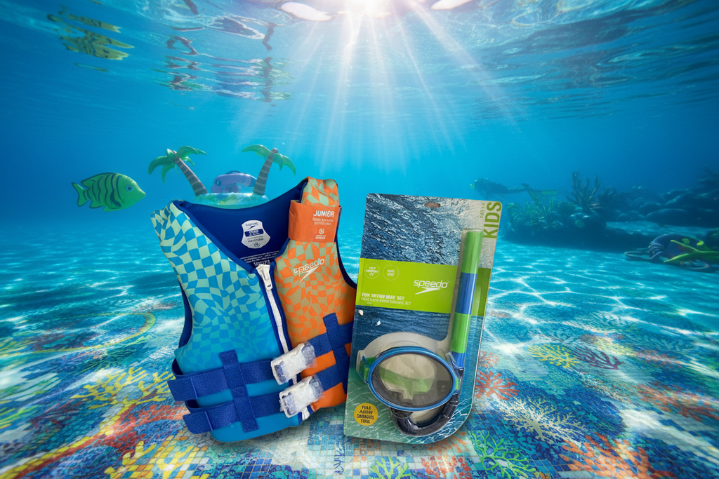 SPEEDO VEST AND SNORKEL COMBO-Blue/Orange: Youth , 50-90 lbs