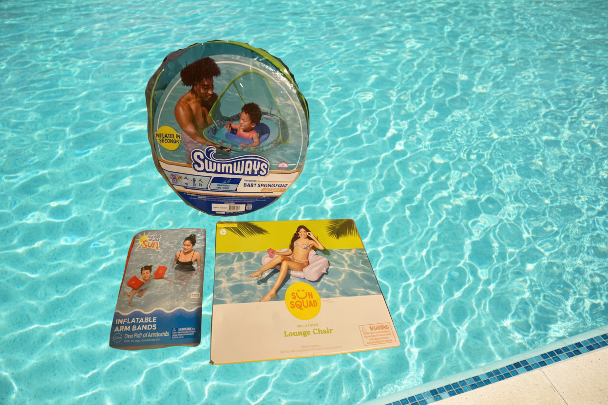 SwimWays Baby Spring Float Sun Canopy - Green / Sea life- 9-24 Months + SimSquad lounge chiar + inflatable arm bands