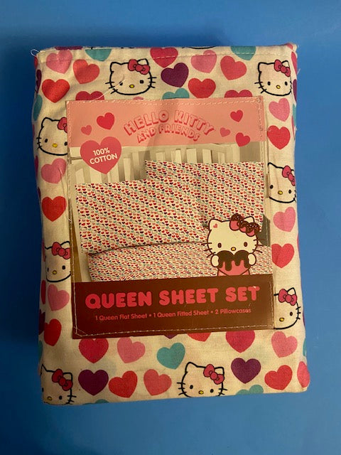 Hello Kitty Cotton Sheet Set, White/Hearts  (QUEEN)