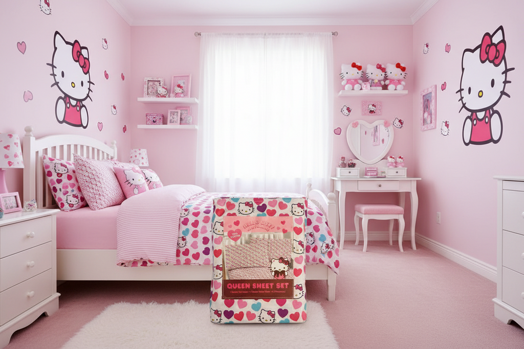 Hello Kitty Cotton Sheet Set, White/Hearts  (QUEEN)