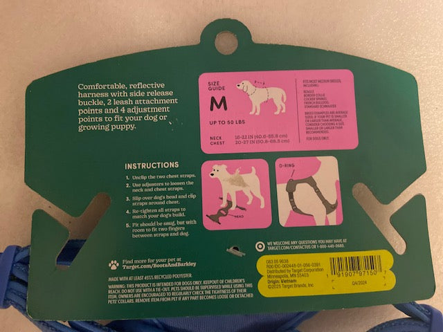 Boots & Barkley Reflective + Comfort Dog Harness - (BLUE- M EDIUM)