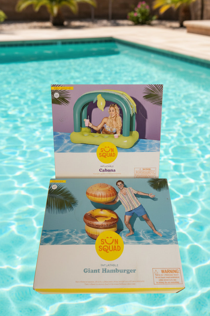 SUN SQUAD INFLATABLE CABANA AND GIANT HAMBURGER