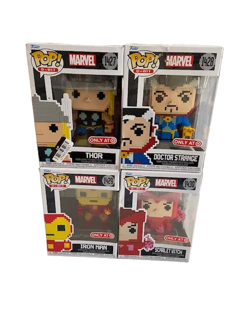 FUNKO POP-8-BIT THOR 1427, DR STRANGE 1428, IRON MAN 1429, SCARLET WITCH 1430-