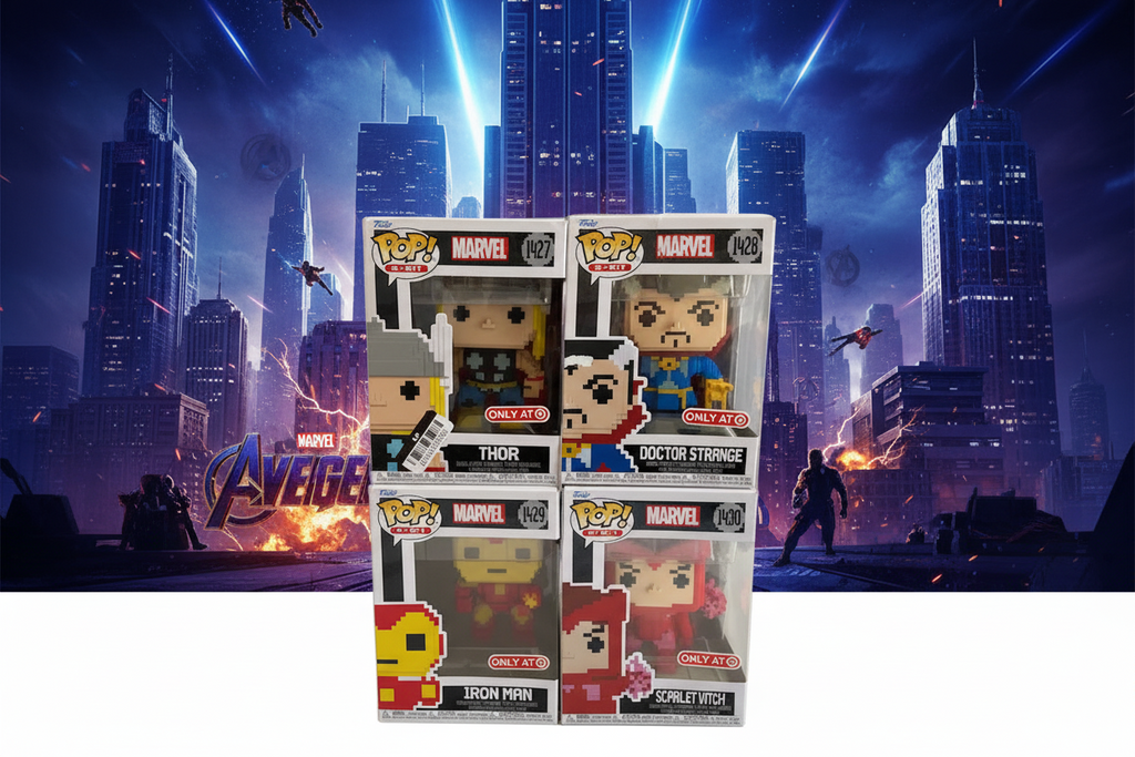 FUNKO POP-8-BIT THOR 1427, DR STRANGE 1428, IRON MAN 1429, SCARLET WITCH 1430-