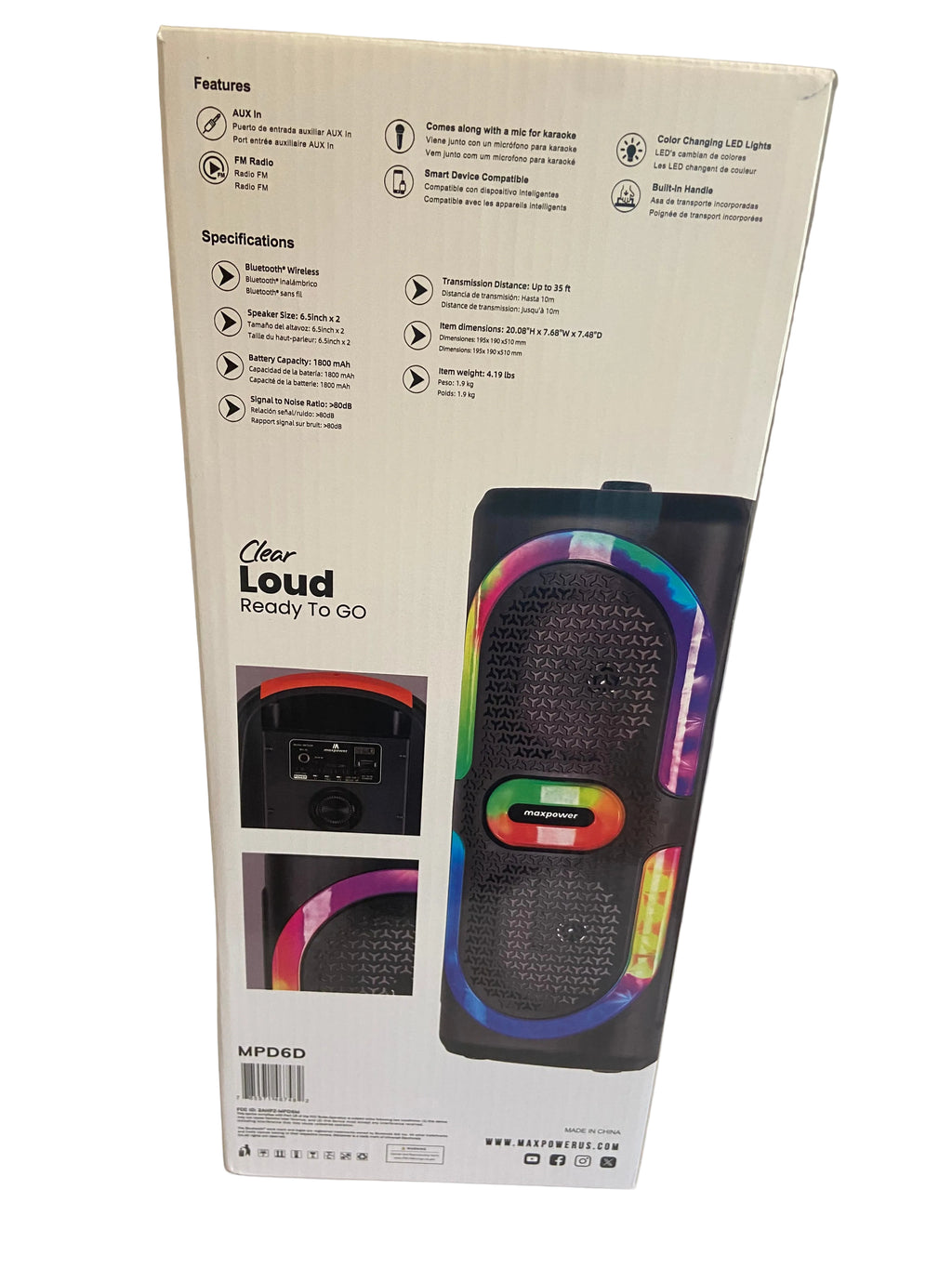MPD6D- Maxpower 6.5" x 2 woofers karaoke Bluetooth speaker with mic & different LED light modes