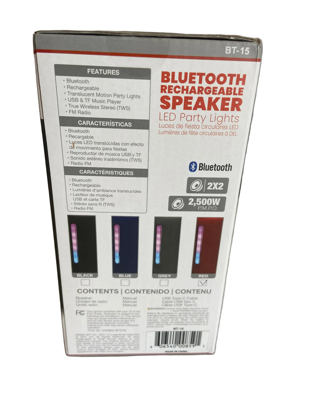 QFX BLUETOOTH SPEAKER BT-15 WITH LED PARTY LIGHTS (RED)