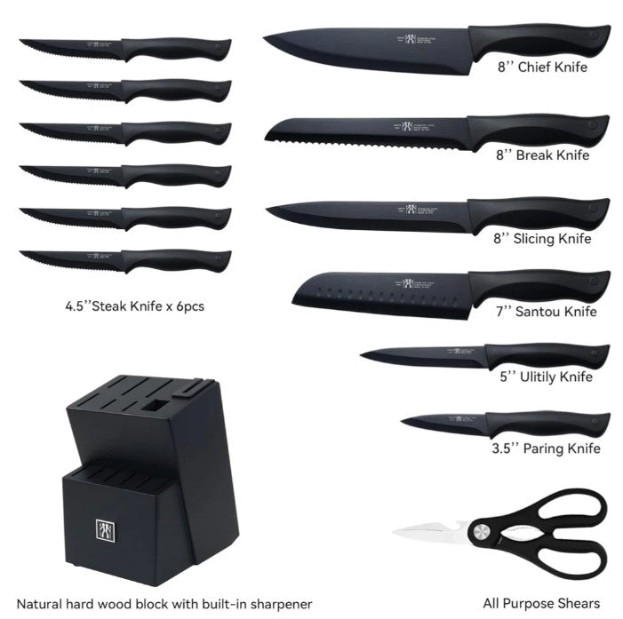 HUNTER.DUAL Hunter. Dual 15 Pcs Kitchen Knife Set with Block Self Sharpening, , Black,