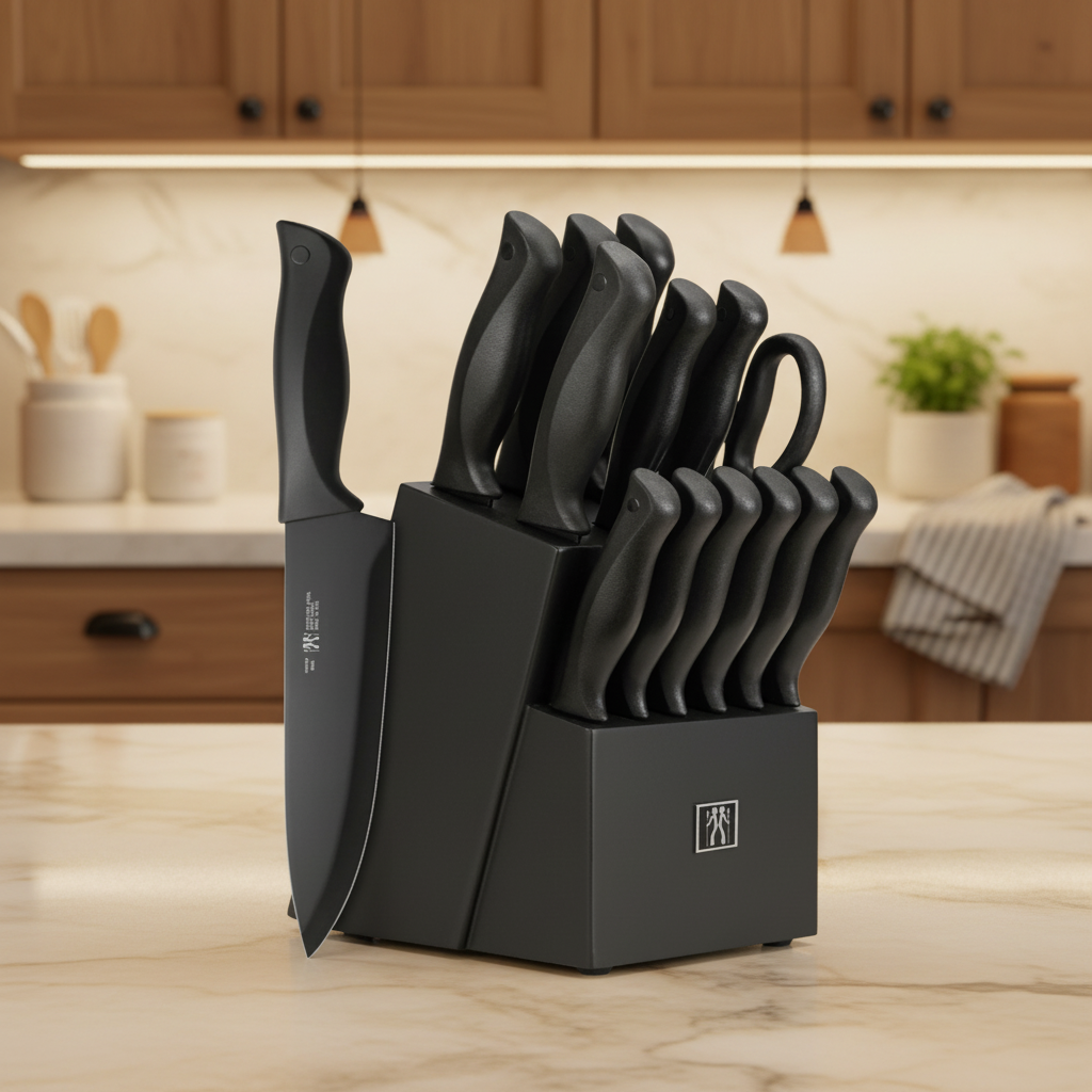HUNTER.DUAL Hunter. Dual 15 Pcs Kitchen Knife Set with Block Self Sharpening, , Black,