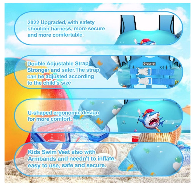 Chriffer Kids Swim Vest Life Jacket -Blue/Shark