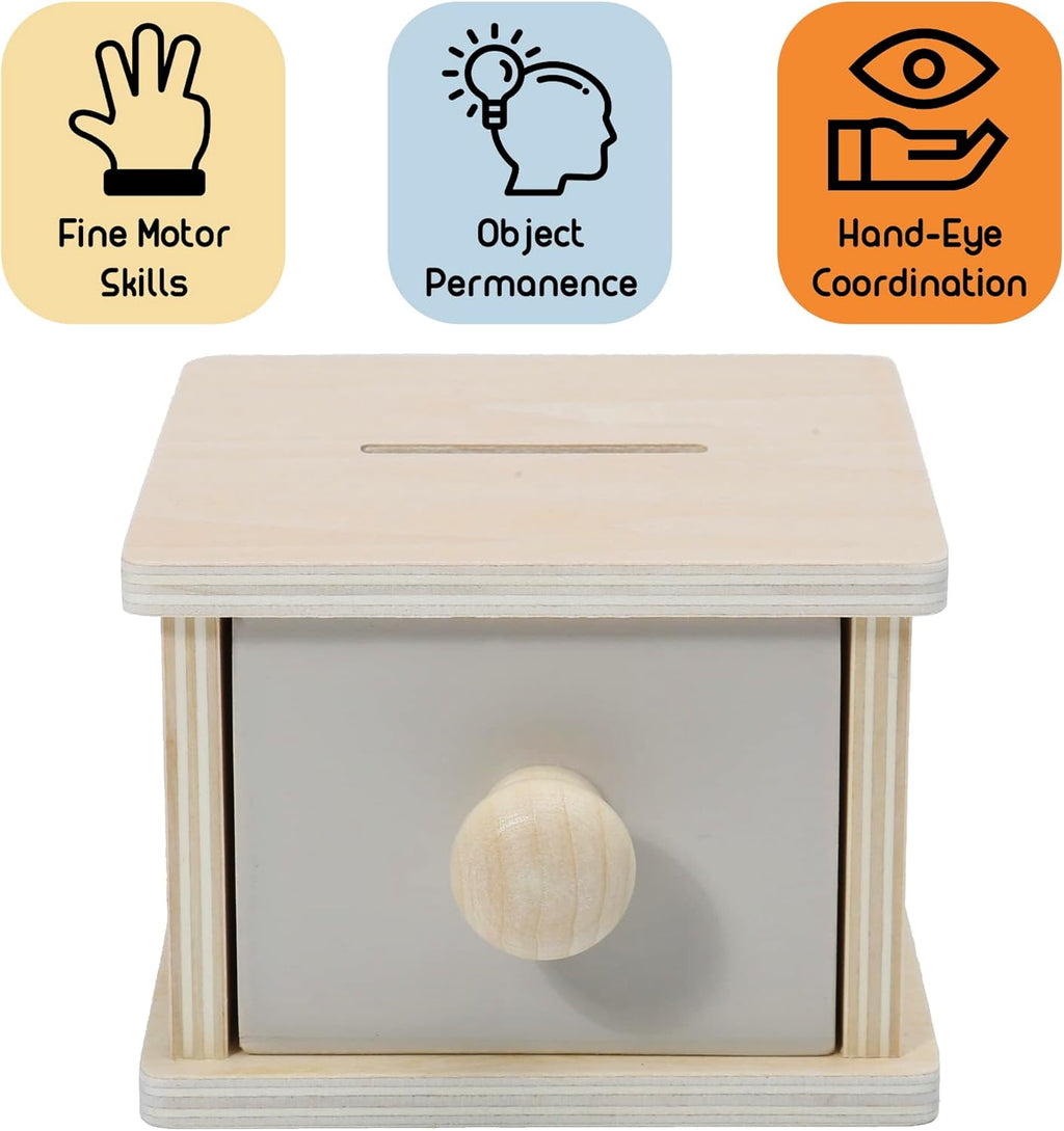 Montessori Baby Set: Coin Box, Object Permanence Box 2.0 and Spinning Rainbow Drum