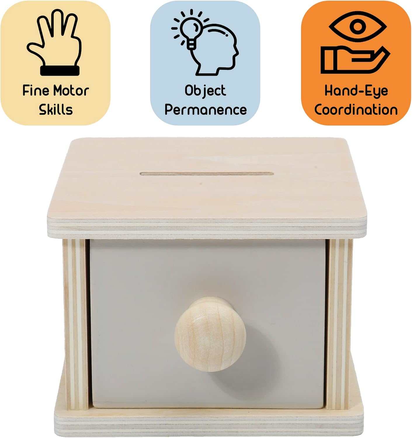 Montessori Baby Set: Coin Box, Object Permanence Box 2.0 and Spinning Rainbow Drum