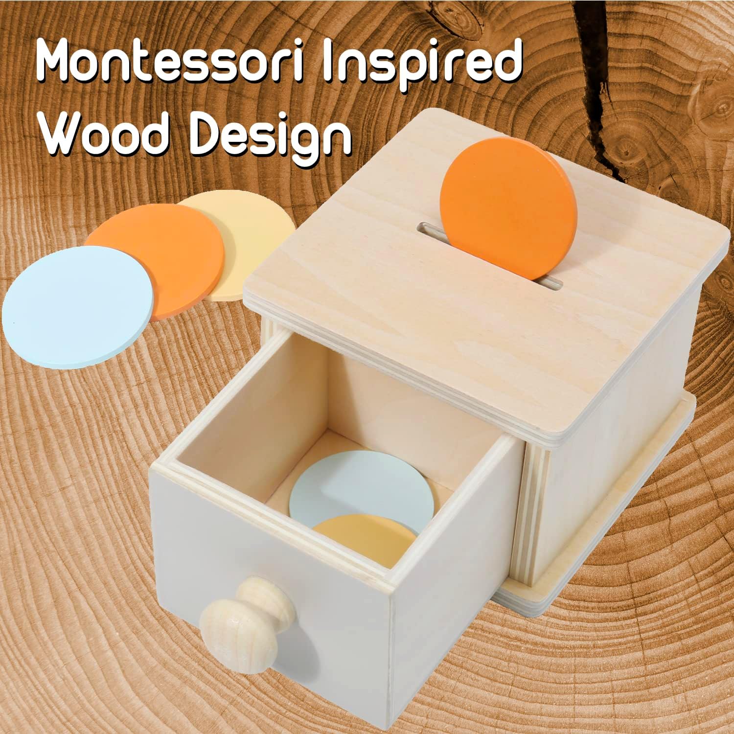 Montessori Baby Set: Coin Box, Object Permanence Box 2.0 and Spinning Rainbow Drum