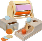 Montessori Baby Set: Coin Box, Object Permanence Box 2.0 and Spinning Rainbow Drum