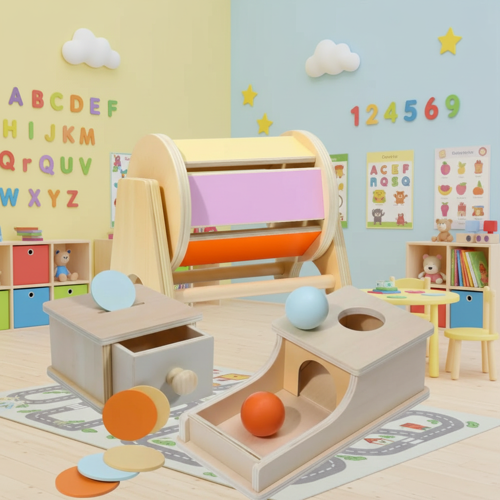 Montessori Baby Set: Coin Box, Object Permanence Box 2.0 and Spinning Rainbow Drum